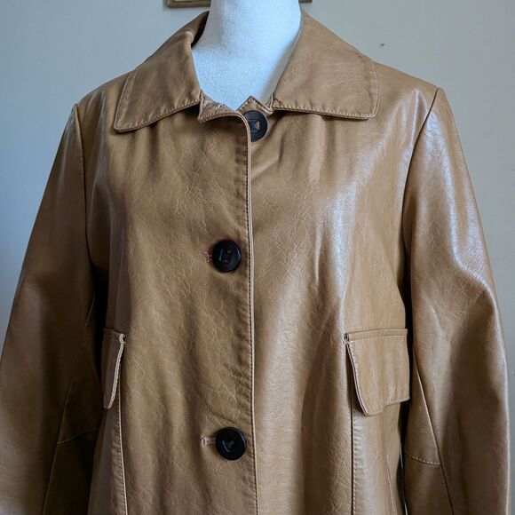 Vintage Y2K Dianzhi Faux Leather Trench Coat Jacket Longline Brown Size 11 - Picture 6 of 12
